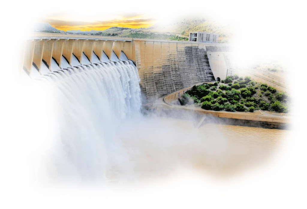 Montage transparent en fondu d'un barrage hydraulique à l'heure dorée, le paysage s'étend au loin.